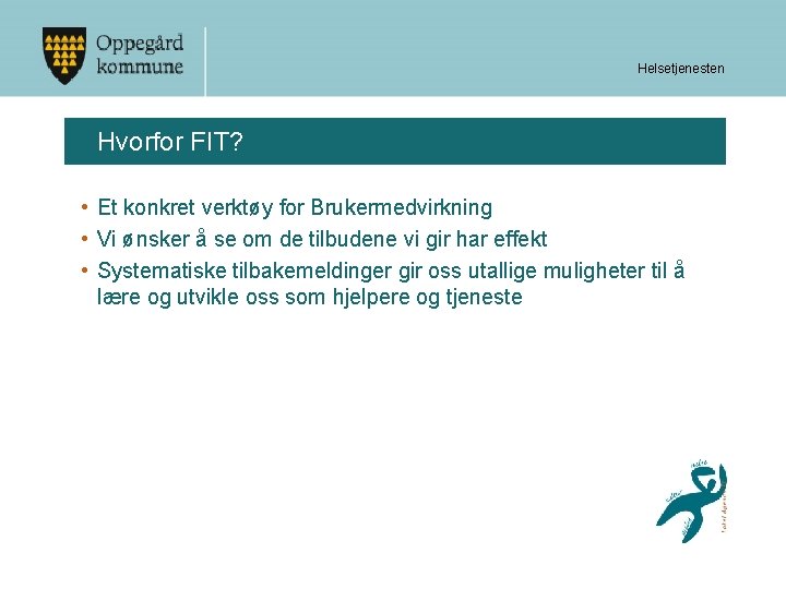 Helsetjenesten Hvorfor FIT? • Et konkret verktøy for Brukermedvirkning • Vi ønsker å se