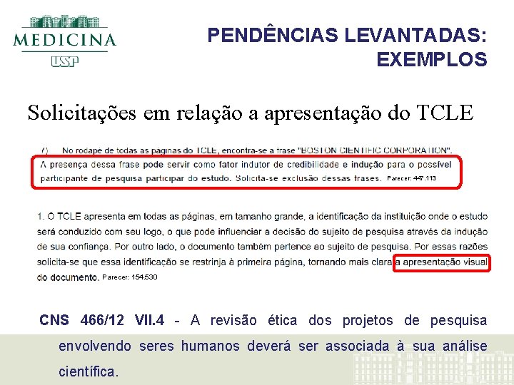 PENDÊNCIAS LEVANTADAS: EXEMPLOS Solicitações em relação a apresentação do TCLE Parecer: 447. 113 Parecer: