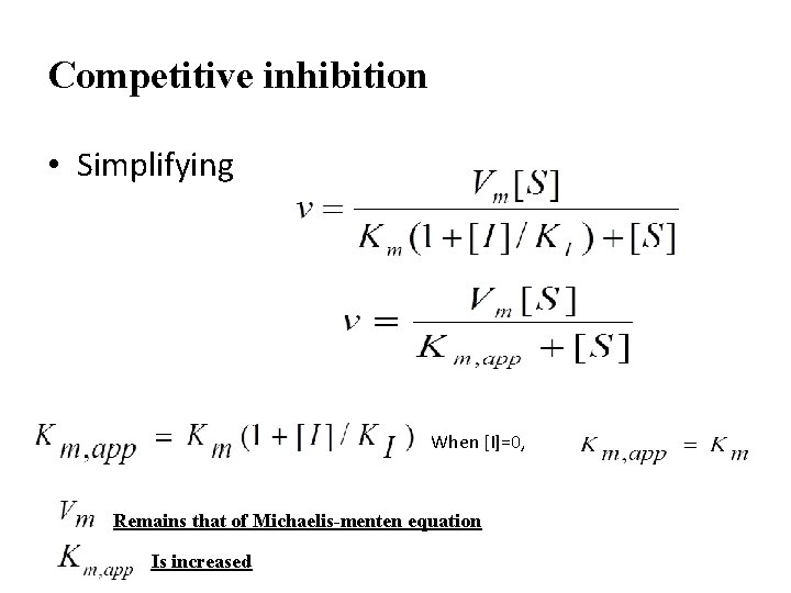 Competitive inhibition • Simplifying When [I]=0, Remains that of Michaelis-menten equation Is increased 