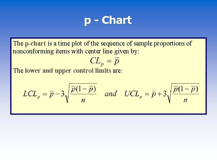 p - Chart The p-chart is a time plot of the sequence of sample