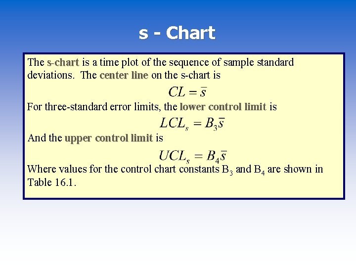 s - Chart The s-chart is a time plot of the sequence of sample
