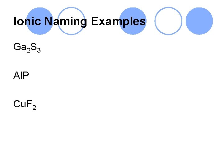 Ionic Naming Examples Ga 2 S 3 Al. P Cu. F 2 