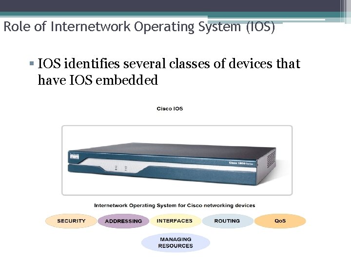 Role of Internetwork Operating System (IOS) IOS identifies several classes of devices that have