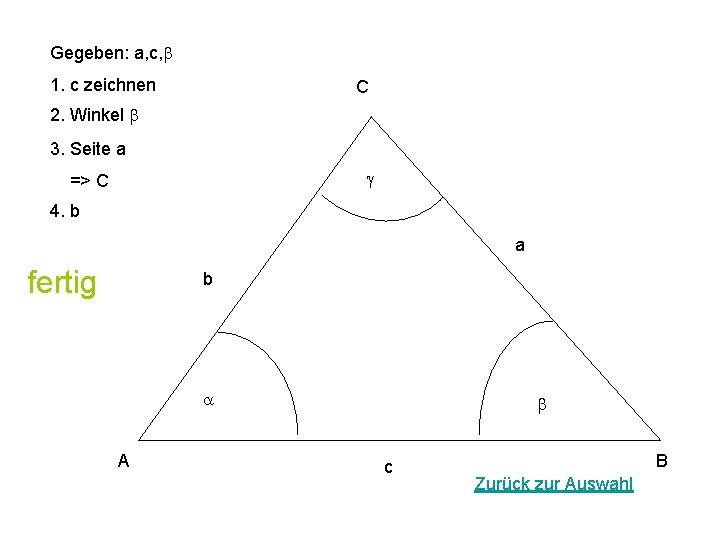 Gegeben: a, c, b 1. c zeichnen C 2. Winkel b 3. Seite a