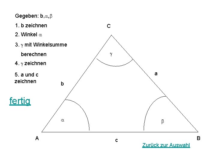 Gegeben: b, a, b 1. b zeichnen C 2. Winkel a 3. g mit