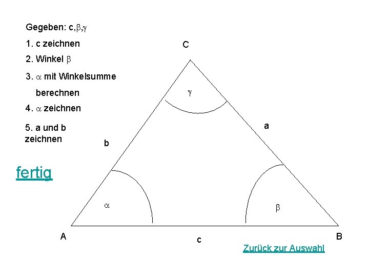 Gegeben: c, b, g 1. c zeichnen C 2. Winkel b 3. a mit
