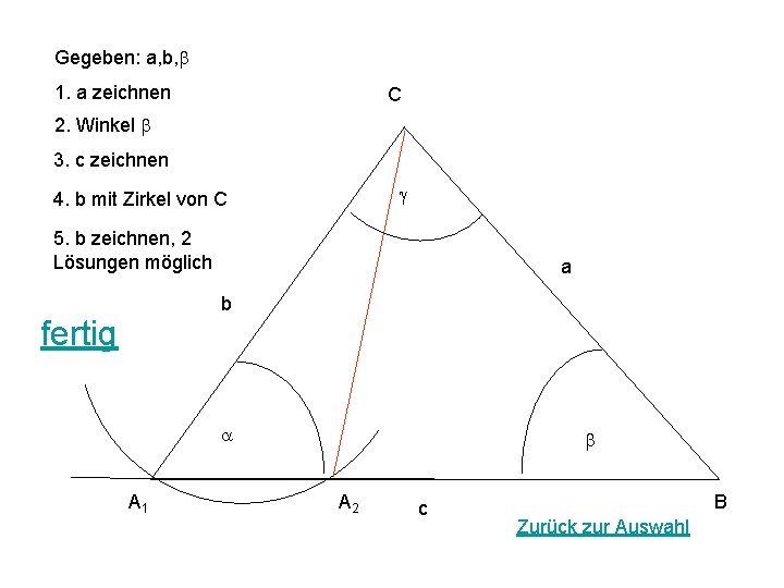 Gegeben: a, b, b 1. a zeichnen C 2. Winkel b 3. c zeichnen