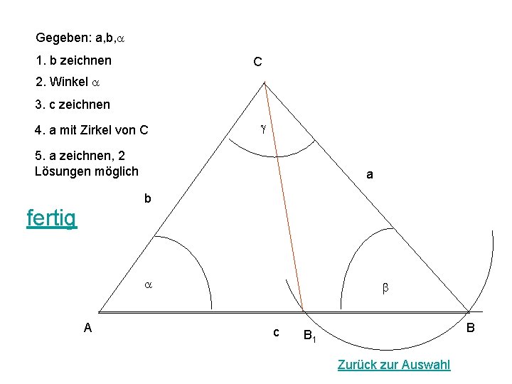 Gegeben: a, b, a 1. b zeichnen C 2. Winkel a 3. c zeichnen