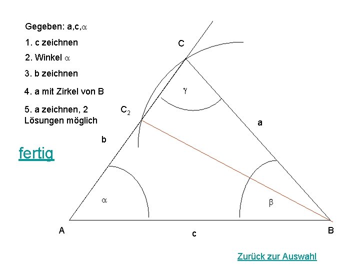 Gegeben: a, c, a 1. c zeichnen C 2. Winkel a 3. b zeichnen