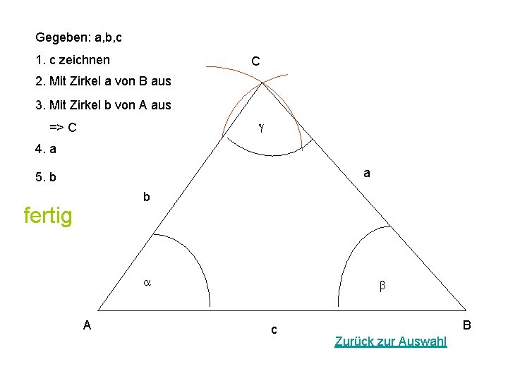 Gegeben: a, b, c 1. c zeichnen C 2. Mit Zirkel a von B