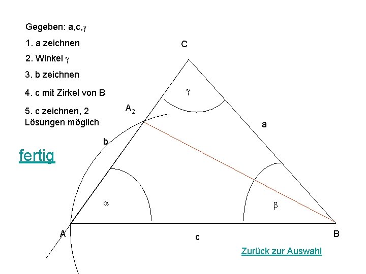 Gegeben: a, c, g 1. a zeichnen C 2. Winkel g 3. b zeichnen