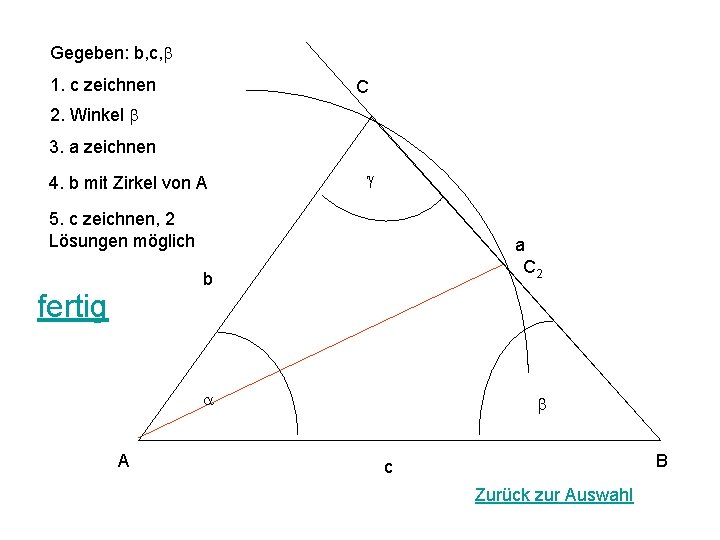 Gegeben: b, c, b 1. c zeichnen C 2. Winkel b 3. a zeichnen