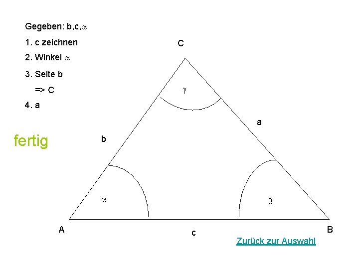 Gegeben: b, c, a 1. c zeichnen C 2. Winkel a 3. Seite b