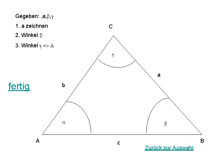 Gegeben: , a, b, g 1. a zeichnen C 2. Winkel b 3. Winkel