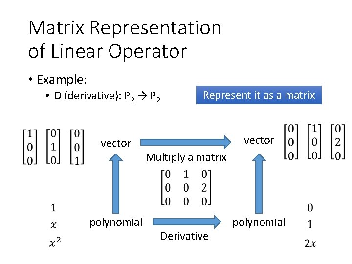 Matrix Representation of Linear Operator • Example: • D (derivative): P 2 → P