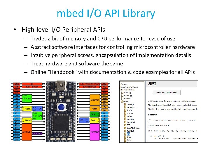 mbed I/O API Library • High-level I/O Peripheral APIs – – – Trades a
