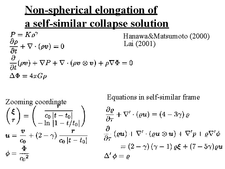 Non-spherical elongation of a self-similar collapse solution Hanawa&Matsumoto (2000) Lai (2001) Zooming coordinate Equations