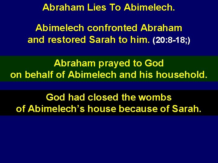 Abraham Lies To Abimelech confronted Abraham and restored Sarah to him. (20: 8 -18;