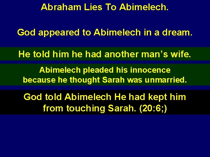 Abraham Lies To Abimelech. God appeared to Abimelech in a dream. He told him