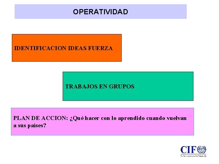 OPERATIVIDAD IDENTIFICACION IDEAS FUERZA TRABAJOS EN GRUPOS PLAN DE ACCION: ¿Qué hacer con lo