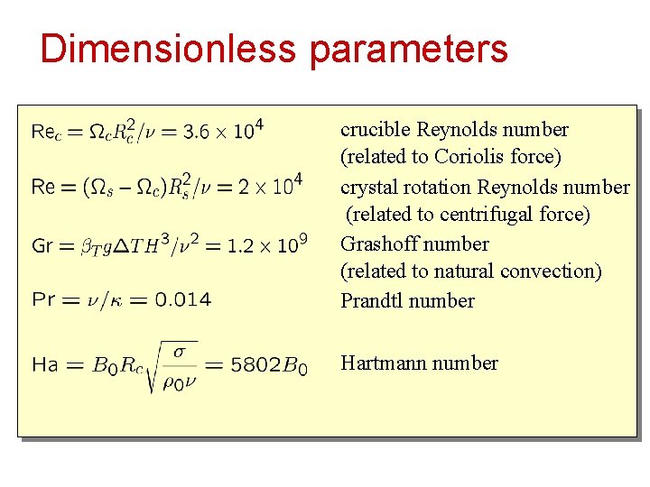 Dimensionless parameters crucible Reynolds number (related to Coriolis force) crystal rotation Reynolds number (related