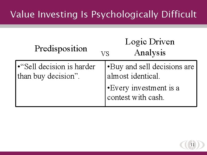 Value Investing Is Psychologically Difficult Predisposition • “Sell decision is harder than buy decision”.