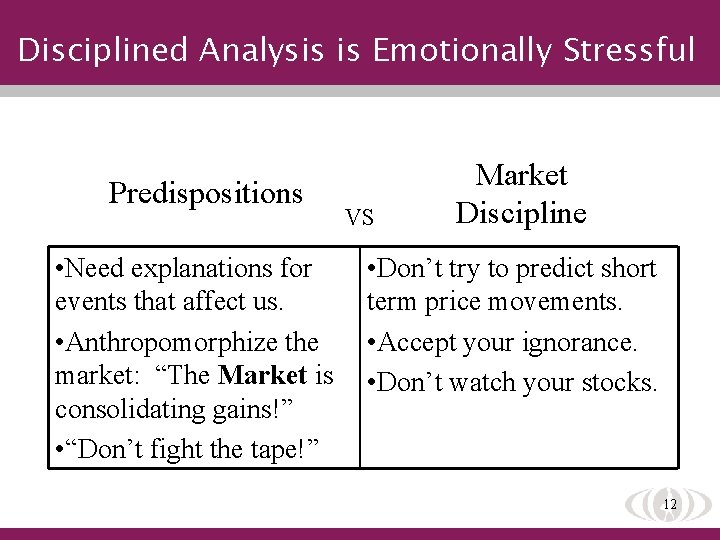Disciplined Analysis is Emotionally Stressful Predispositions • Need explanations for events that affect us.