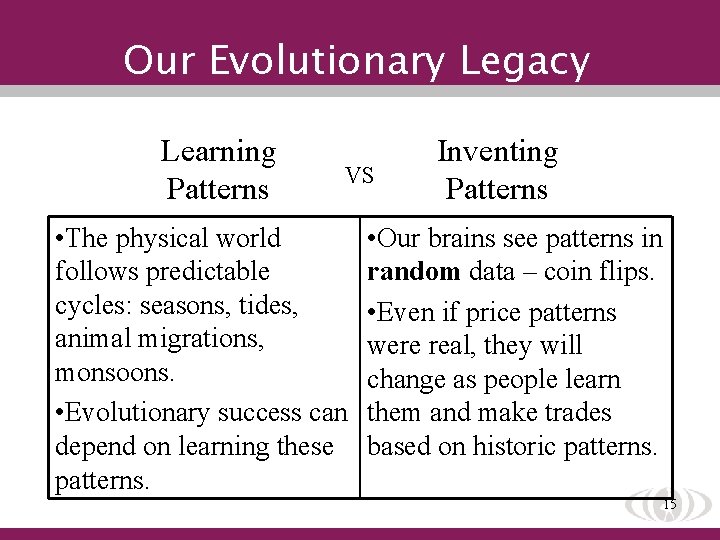 Our Evolutionary Legacy Learning Patterns VS • The physical world follows predictable cycles: seasons,