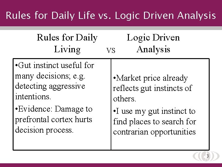 Rules for Daily Life vs. Logic Driven Analysis Rules for Daily Living • Gut
