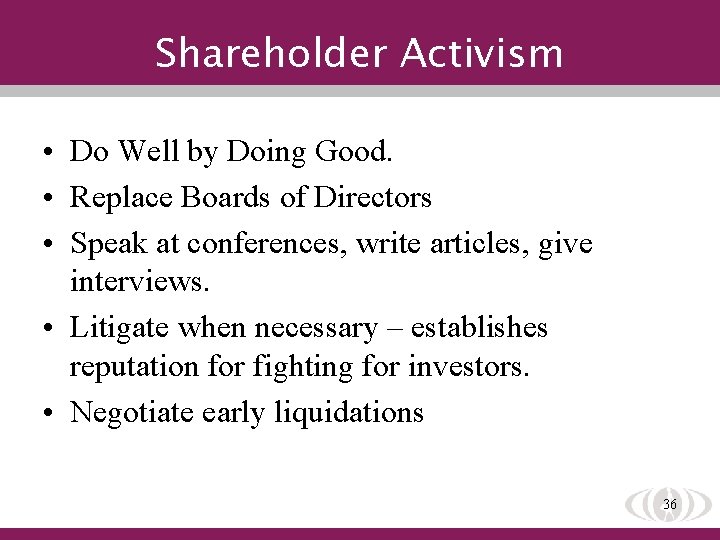 Shareholder Activism • Do Well by Doing Good. • Replace Boards of Directors •