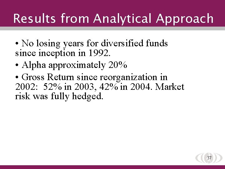Results from Analytical Approach • No losing years for diversified funds sinception in 1992.