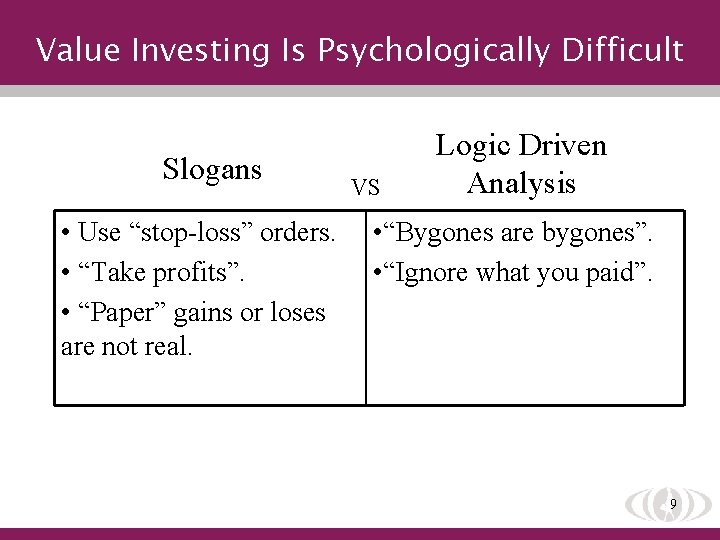 Value Investing Is Psychologically Difficult Slogans • Use “stop-loss” orders. • “Take profits”. •