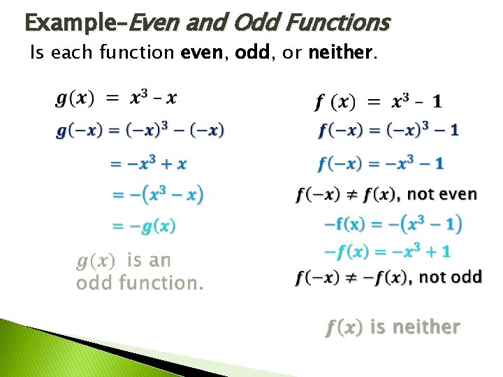 Example–Even and Odd Functions Is each function even, odd, or neither. Example–Even and Odd Functions Is each function even, odd, or neither.