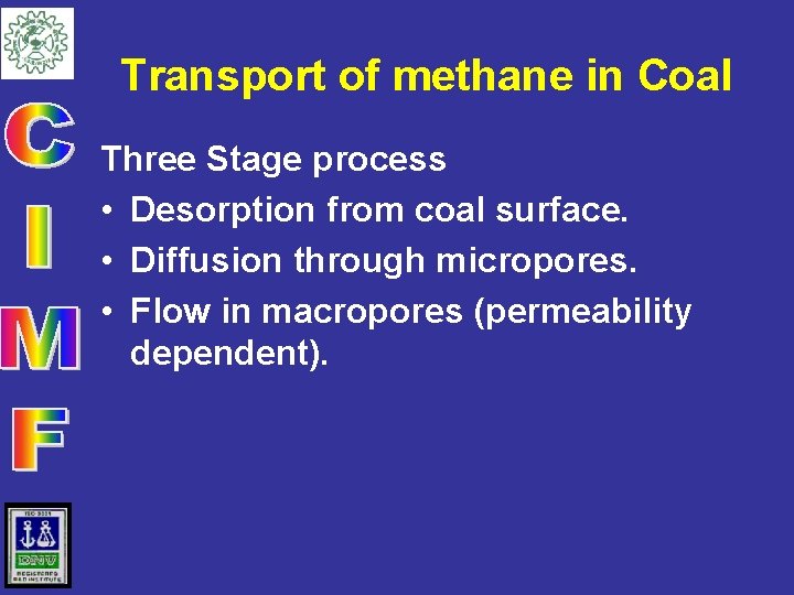 Transport of methane in Coal Three Stage process • Desorption from coal surface. •