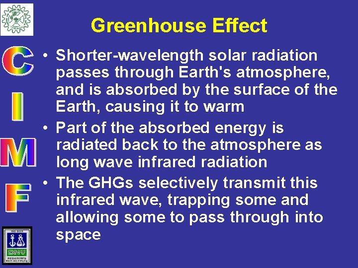 Greenhouse Effect • Shorter-wavelength solar radiation passes through Earth's atmosphere, and is absorbed by