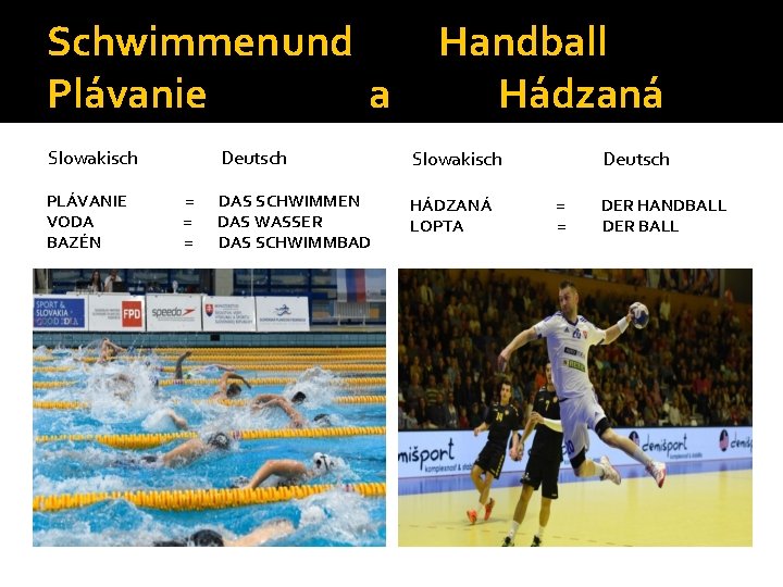 Schwimmenund Plávanie a Slowakisch PLÁVANIE VODA BAZÉN = = = Handball Hádzaná Deutsch Slowakisch