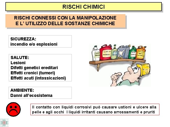 RISCHI CHIMICI RISCHI CONNESSI CON LA MANIPOLAZIONE E L’ UTILIZZO DELLE SOSTANZE CHIMICHE SICUREZZA: