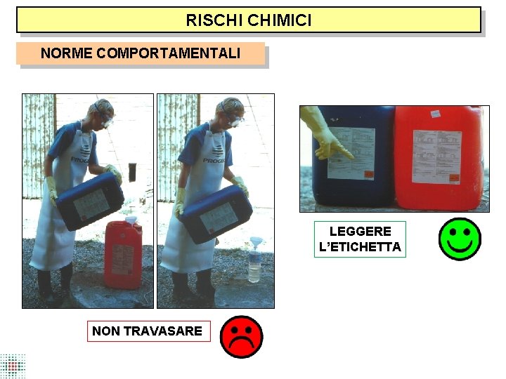 RISCHI CHIMICI NORME COMPORTAMENTALI LEGGERE L’ETICHETTA NON TRAVASARE 