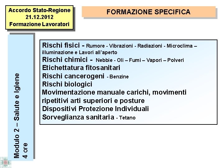 Accordo Stato Regione 21. 12. 2012 Formazione Lavoratori FORMAZIONE SPECIFICA Rischi fisici Rumore Vibrazioni