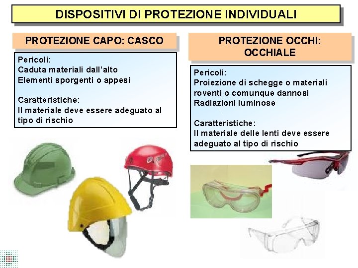 DISPOSITIVI DI PROTEZIONE INDIVIDUALI PROTEZIONE CAPO: CASCO Pericoli: Caduta materiali dall’alto Elementi sporgenti o