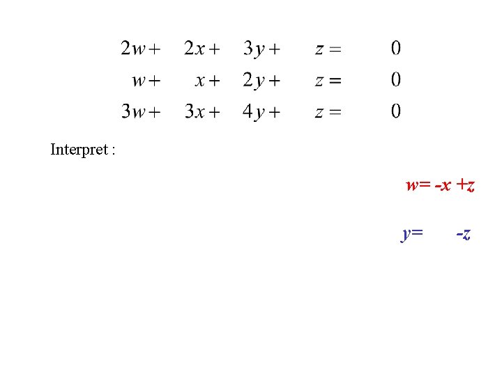 Interpret : w= -x +z y= -z 