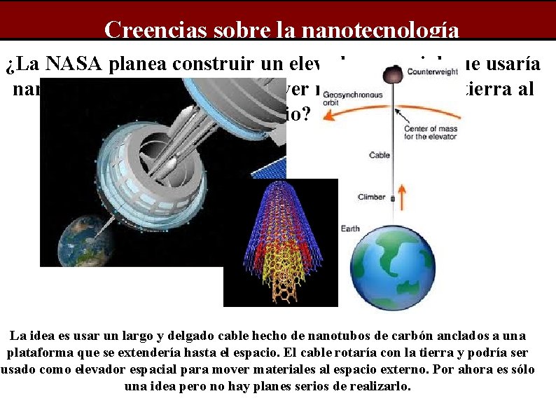 Creencias sobre la nanotecnología ¿La NASA planea construir un elevador espacial que usaría nanotubos
