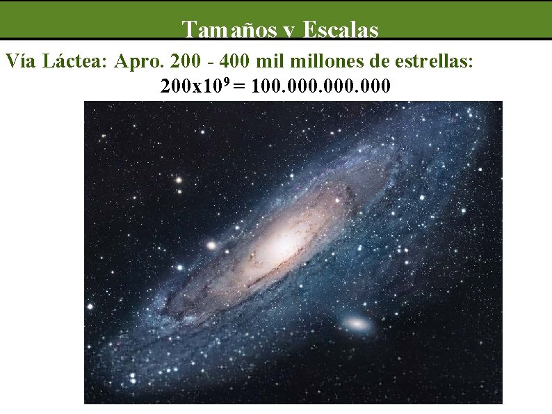 Tamaños y Escalas Vía Láctea: Apro. 200 - 400 millones de estrellas: 200 x