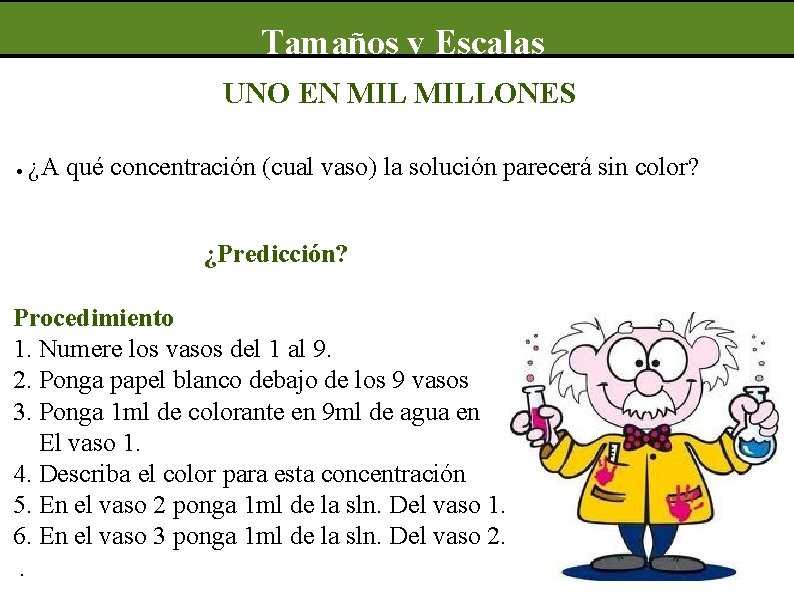 Tamaños y Escalas UNO EN MILLONES ● ¿A qué concentración (cual vaso) la solución