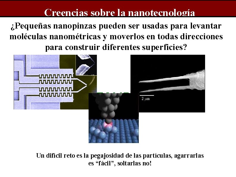 Creencias sobre la nanotecnología ¿Pequeñas nanopinzas pueden ser usadas para levantar moléculas nanométricas y