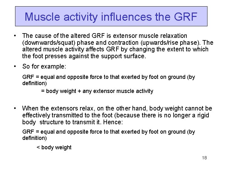 Muscle activity influences the GRF • The cause of the altered GRF is extensor