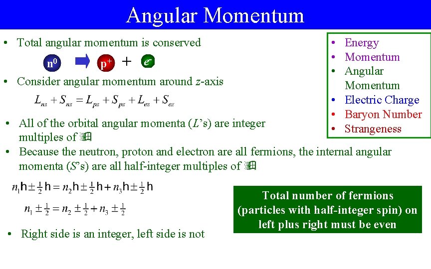 Angular Momentum • Total angular momentum is conserved n 0 p+ + e- •