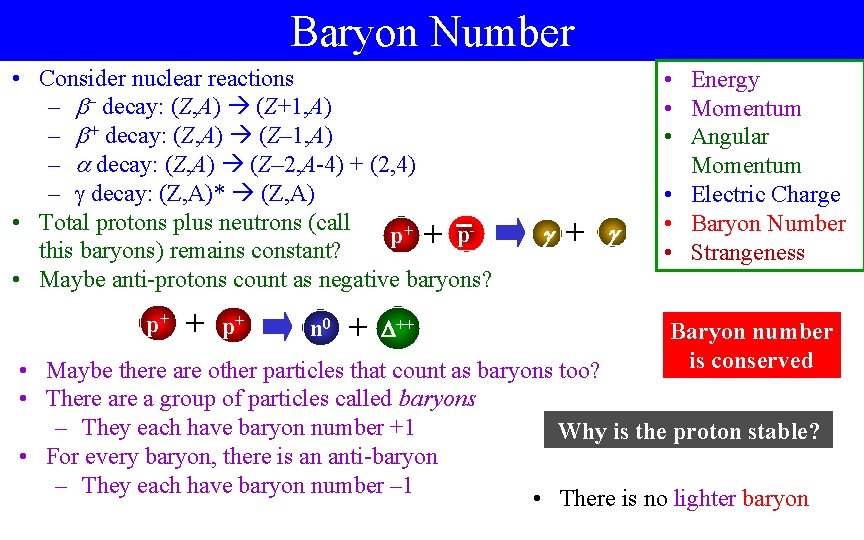 Baryon Number • Consider nuclear reactions – – decay: (Z, A) (Z+1, A) –