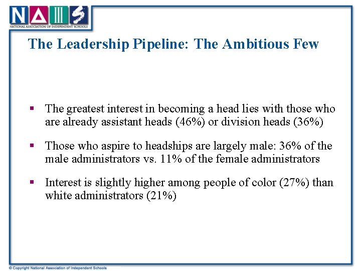 The Leadership Pipeline: The Ambitious Few § The greatest interest in becoming a head