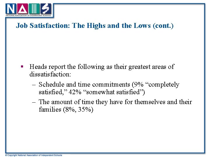 Job Satisfaction: The Highs and the Lows (cont. ) § Heads report the following